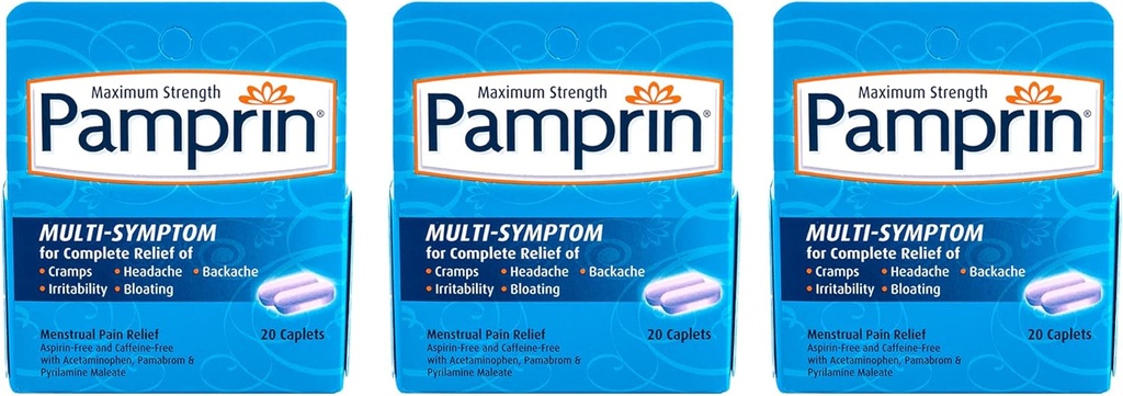 Pamprin Multi- Symptom Formule, s acetaminophen, Menstrual Period Symptoms Relief, 20 Kaplet (balení po 3)