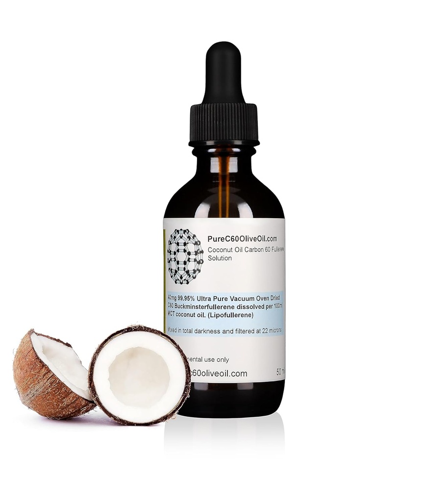 PureC60OliveOil C60 Organic MCT Coconut Oil 50ml / 1.7 Fl Oz - 99.95% Carbon 60 Solvent Free 20mg - Amber Glass Bottle - Food Class - Carbon 60 MCT Coconut Oil - from The Leading Global Producer