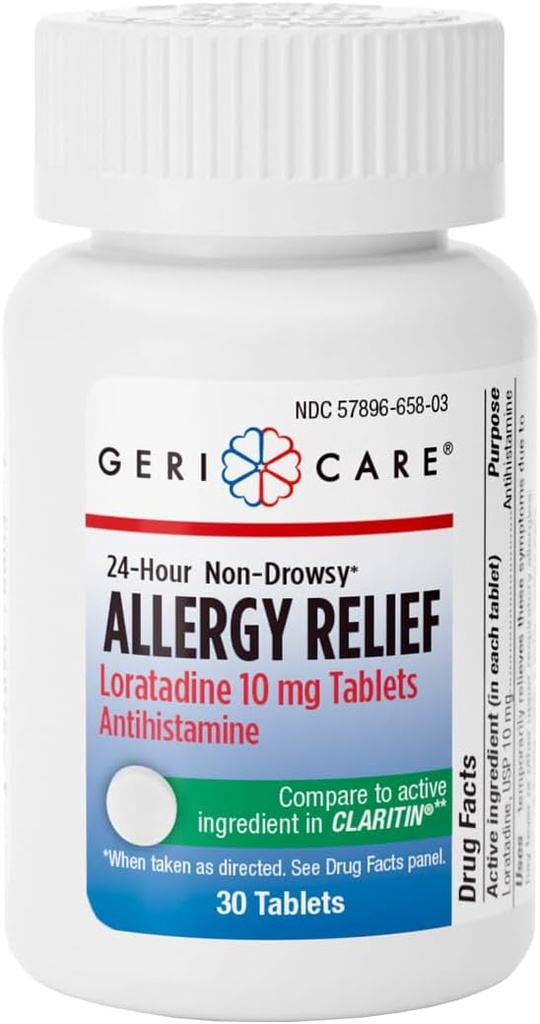 GeriCare Lortish 10mg Non- Drowsy 24- Hour Allergy Relief, Antihistaminika / Sinus Support Tablety pro Runny Nose, Nutsising, Itchy, 30 Count, 1 Pack.