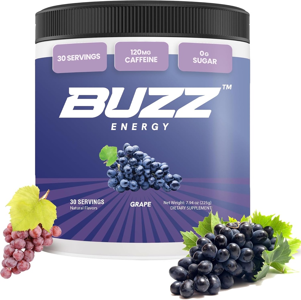 Morning Buzz Energy Powder Grape Drink - Energy Boost Drink Mix - Sugar- Free Energy with Antioxidants - Morning Kickstart and Sports Nutrition Endurance Product