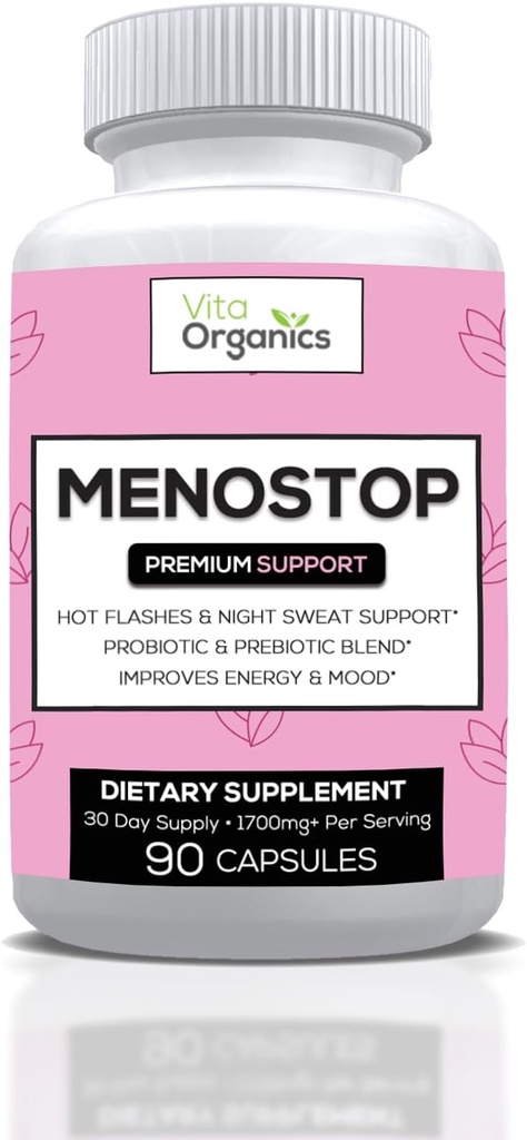 MenoStop - Hot Flashes and Menopause Support - Black Cohosh, Ashwagandha, Dong Quai, Prebiotic and Probiotic Blend - 30- Day Supply