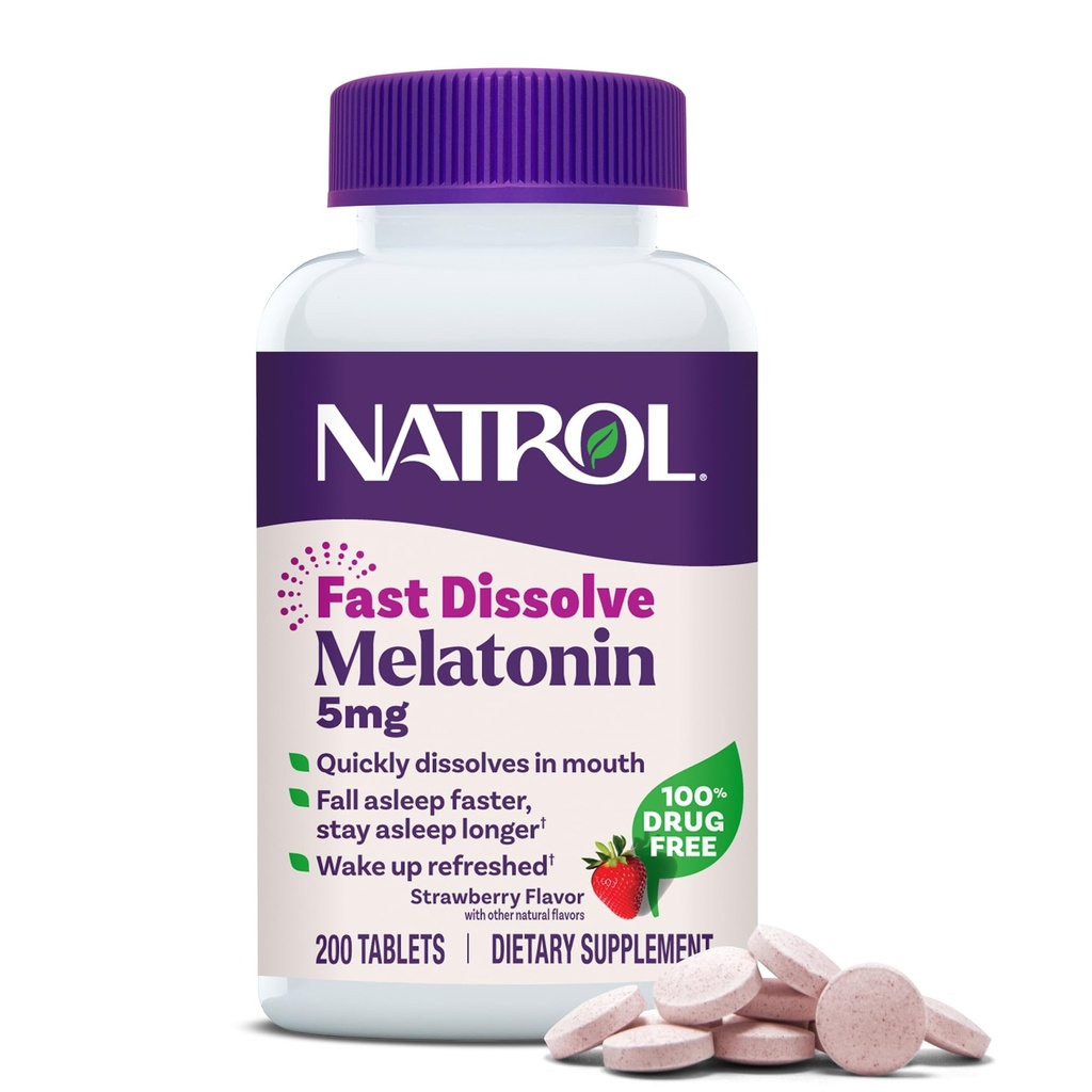 Natrol Melatonin 5mg Fast Disolt Tablety, Podpora spánku doplňky pro dospělé, Strawberry Flavor, 200 Tablety, Až 200 denní zásobování