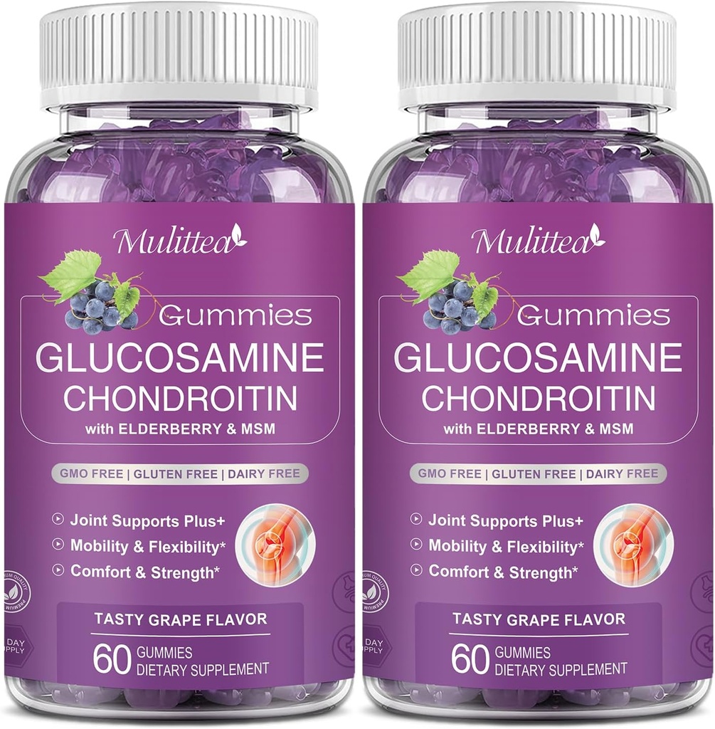Mulittea Glucosamine Chondroitin Gummies - Extra Strength Joint Support Supplementary with MSM & Elderberry for Natural Joint, Antioxidant Imunitation Support for Dospělí, Muži & Women- Sugar- Free (2 Pack)
