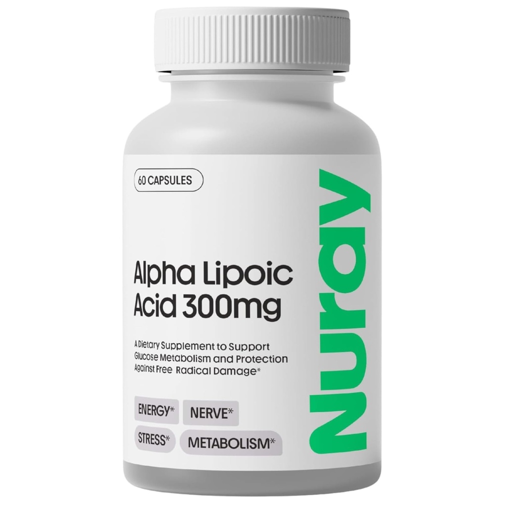 Nuray Alpha Lipoic Acid 300mg - Antioxidant dodatek pro zdravé stárnutí, podporuje výrobu energie, správné nervové funkce, metabolismus - 60 Vegetariánských kapslí, gluten- Free dietní dodatek