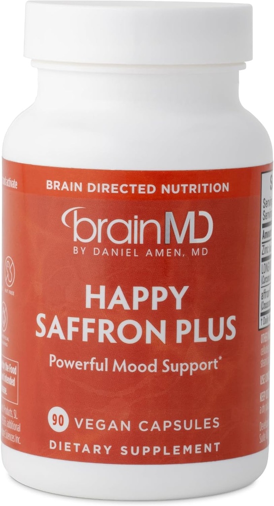 Dr. Amen BrainMD Happy Saffron Plus - 90 Kapsle, Balení 2 - Se Saffron Flower Extract, Curcumin & Zinek - Vegan, Gluten Free - 60 Celkem Služeb