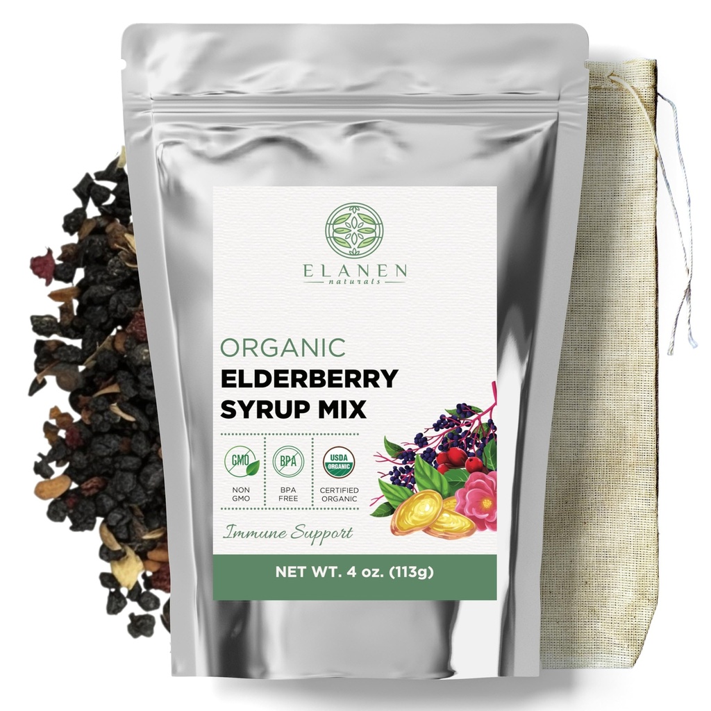 Elanen Naturals Organic Elderberry Syrup Kit, tvoří až 24 oz, Zahrnuje přírodní bavlněné Brew Bag, USDA Certified Organic Sured Elderberry and Immunal Support Herbs, Bulk Kit, 4 oz. (113g)