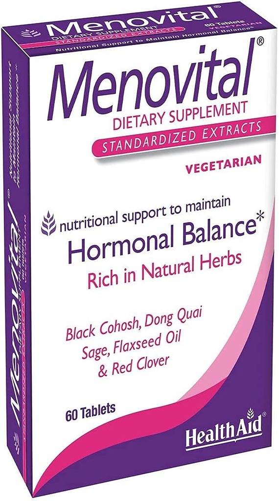 HealthAid Menovital - Twice- Denní bylinný dodatek pro podporu hormonální rovnováhy 124; 60 Vegetariánských tablet 124; Non- GMO & gluten- free