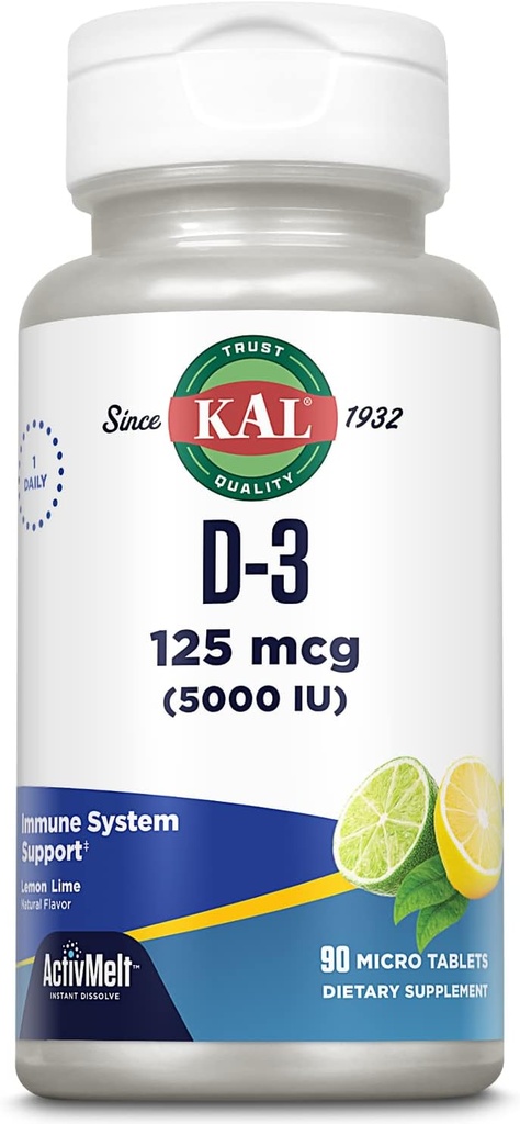 Kal Vitamin D-3 5000 IU Activite Melt, Instant Disolt, Natural Lemon Lime Flavor, Zdravá imunitní funkce a podpora kostí, 90 Služeb, 90 Mikro tablety