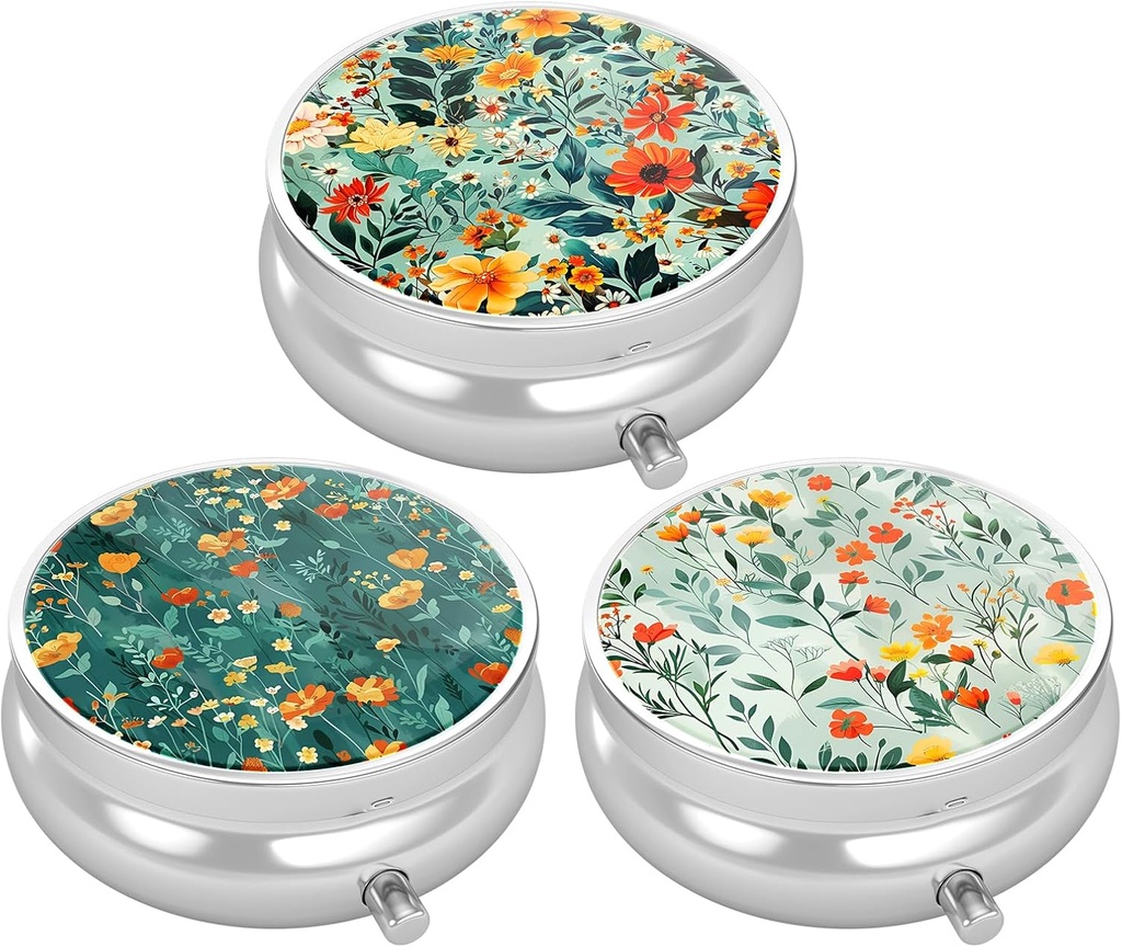 3 Pack Pill Box, Malé Pill Pouzdro pro Purse & Pocket, Roztomilý Pořadatel Travel Medicine, Portable Medicine Kontejner Držák držet vitamíny, Léky, Rybí olej & dodatek, Hezké květiny