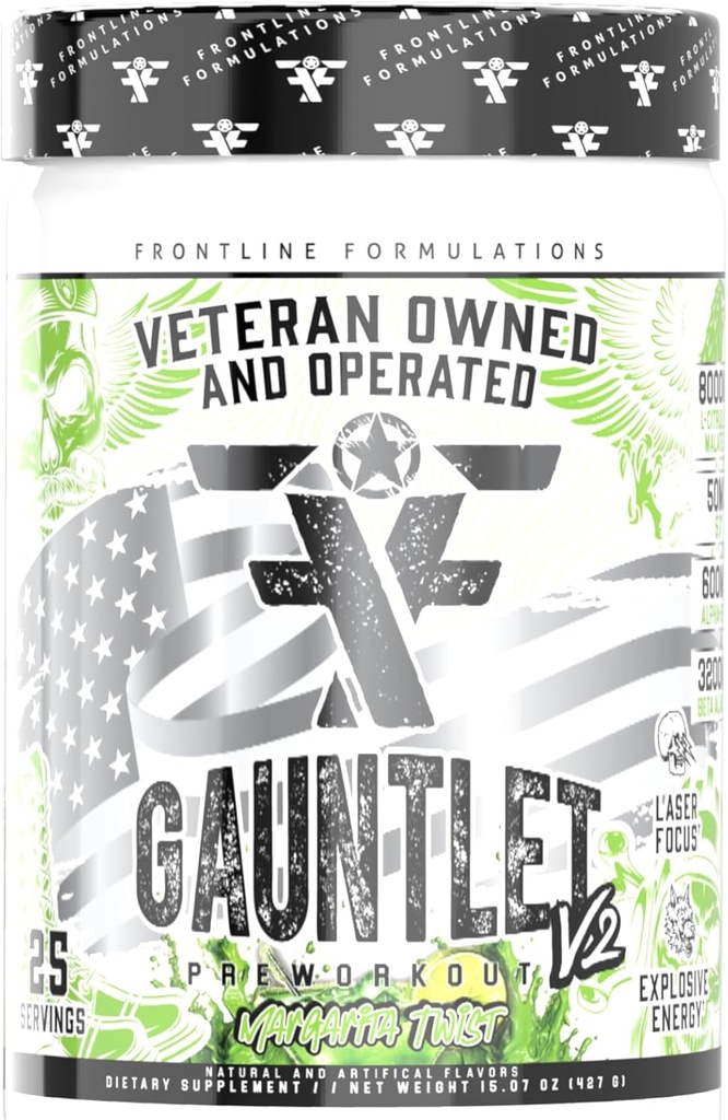 Gauntlet Pre- Workout Powder, Explosive Workouts, Laser Focus, Mid Stim, Amazing Flavor, Veterán vlastněn a provozován (25 Sluhy, Margarita Twist)