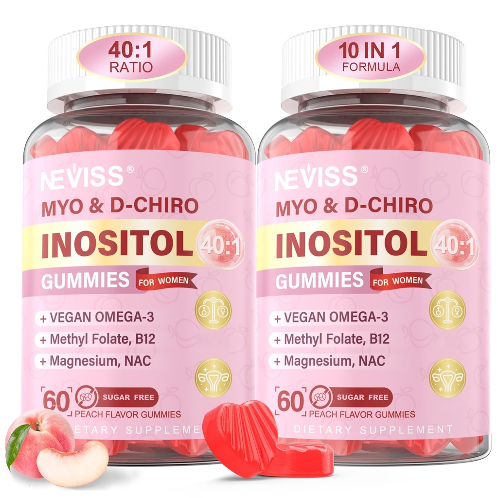 Myo- Inositol & D- Chiro Inositol Gummies pro ženy 2000mg + 50mg, 40: 1 Ratio Inositol s Vegan Omega33 + D3, Magnesium Glycinát, Methylfolát + B12 pro ženy zdraví & Wellness, bez cukru, 120 Cts