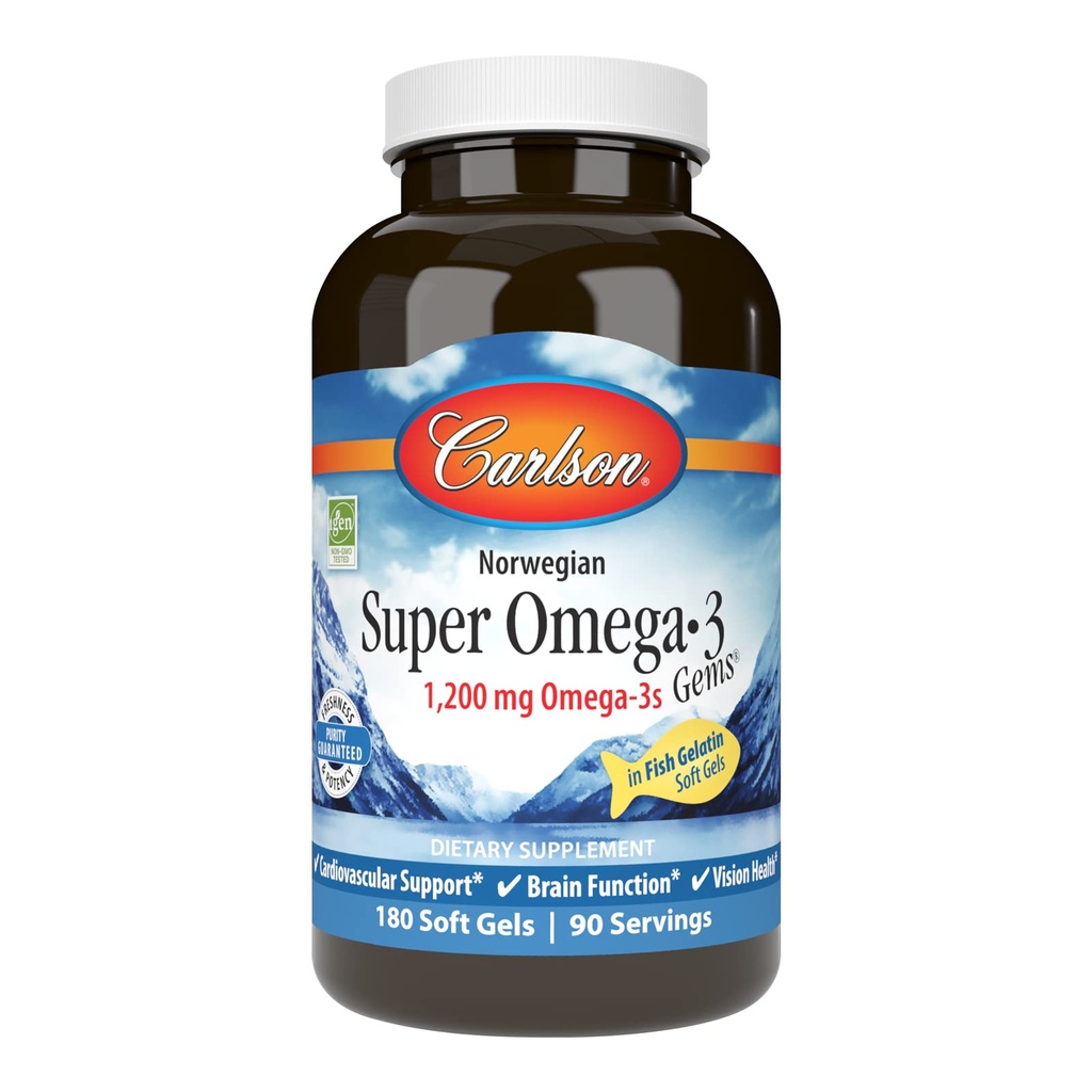 Carlson - Super Omega33 Gems, 1200 mg Omega-3s, Kardiovaskulární podpora, Mozková funkce & Vision Health, Norština, 180 měkkých gelů