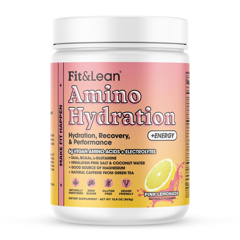 Fit & Lean Amino Hydration Plus Energy, Pre Workout Powder, 6g Vegan Essemciální aminokyseliny, EAA, BCAA, glutamin, Electrolytes & Natural Caffeine, Pink Lemonade, 30 Serve