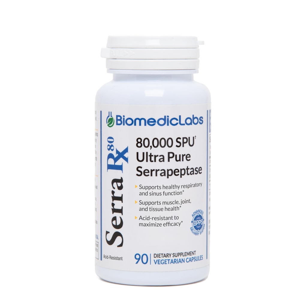 Serra- RX 80.000 SPU Serrapeptáza - Acid- Residant Proteolytic Systemic Enzyme, Non- GMO, Gluten Free, Vegan, Podporuje Sinus & Lung Health, 90 Veg Kapsle