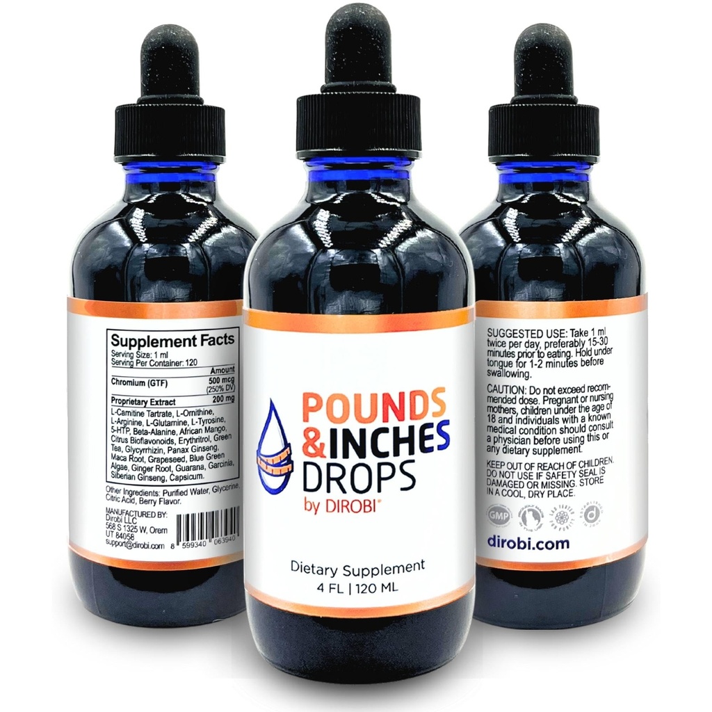 Dirobi Pounds and Inches Weight Management Drops, Tekutý dodatek pro ženy a muže, Diet- Pill Alternative s Delicious Blueberry Flavor