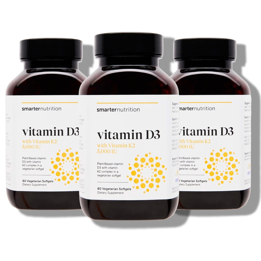 SMARTERNITION Vegan Vitamin D3 5000 IU + přírodní vitamín K2 1100 mcg v organickém kokosu a olivovém oleji - D3 K2 dodatek pro imunitní a kostní podporu - 180 Softgels [90 Day Supply]
