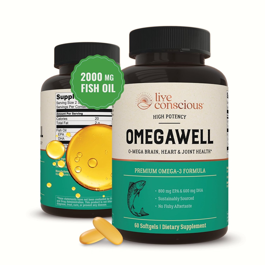 Live Conscious OmegaWell Omega 3 Fish Oil - 2000mg Kapsle: Srdce, Brain, & Společná podpora - 800 mg EPA 600 mg DHA - Udržitelně sourced - Softgels - 30 Day Supply