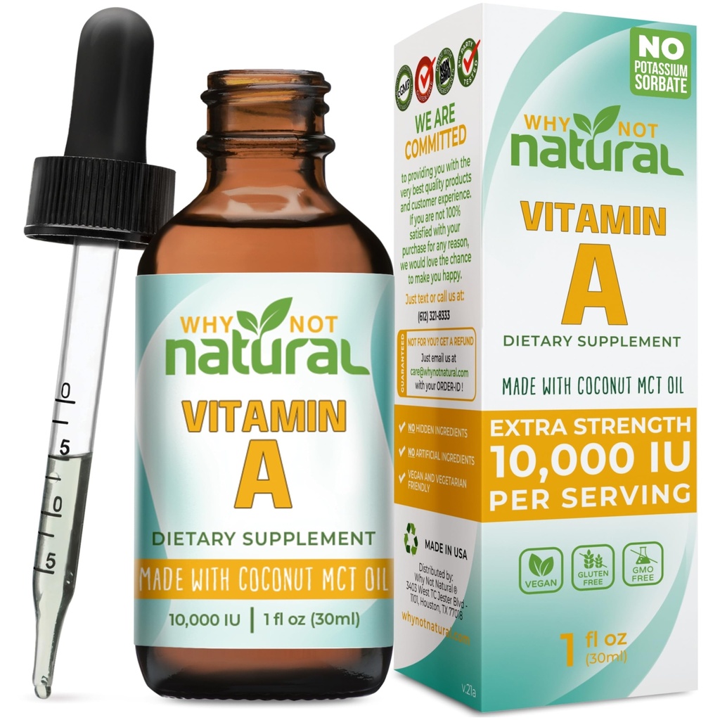 Proč ne přírodní vitamín A Kapky 10000 IU - tekutý retinyl palmitát s kokosovým MCT olejem, Vegan VIT dodatek pro pleť - 1 oz sublingvální tinktura