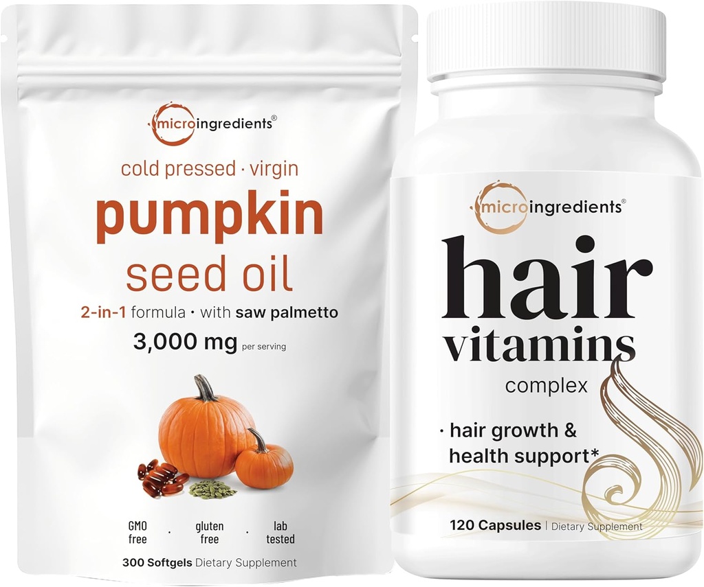 Mikro ingredience Pumpkin Seed Oil se Saw Palmetto 3,000mg Softgels & Vlasové vitamíny Komplexní kapsle 124; 2 Pack Bundle 124; Studené lisované panenský olej 124; 14-in-1 Podpora růstu vlasů s kolagen & Biotin