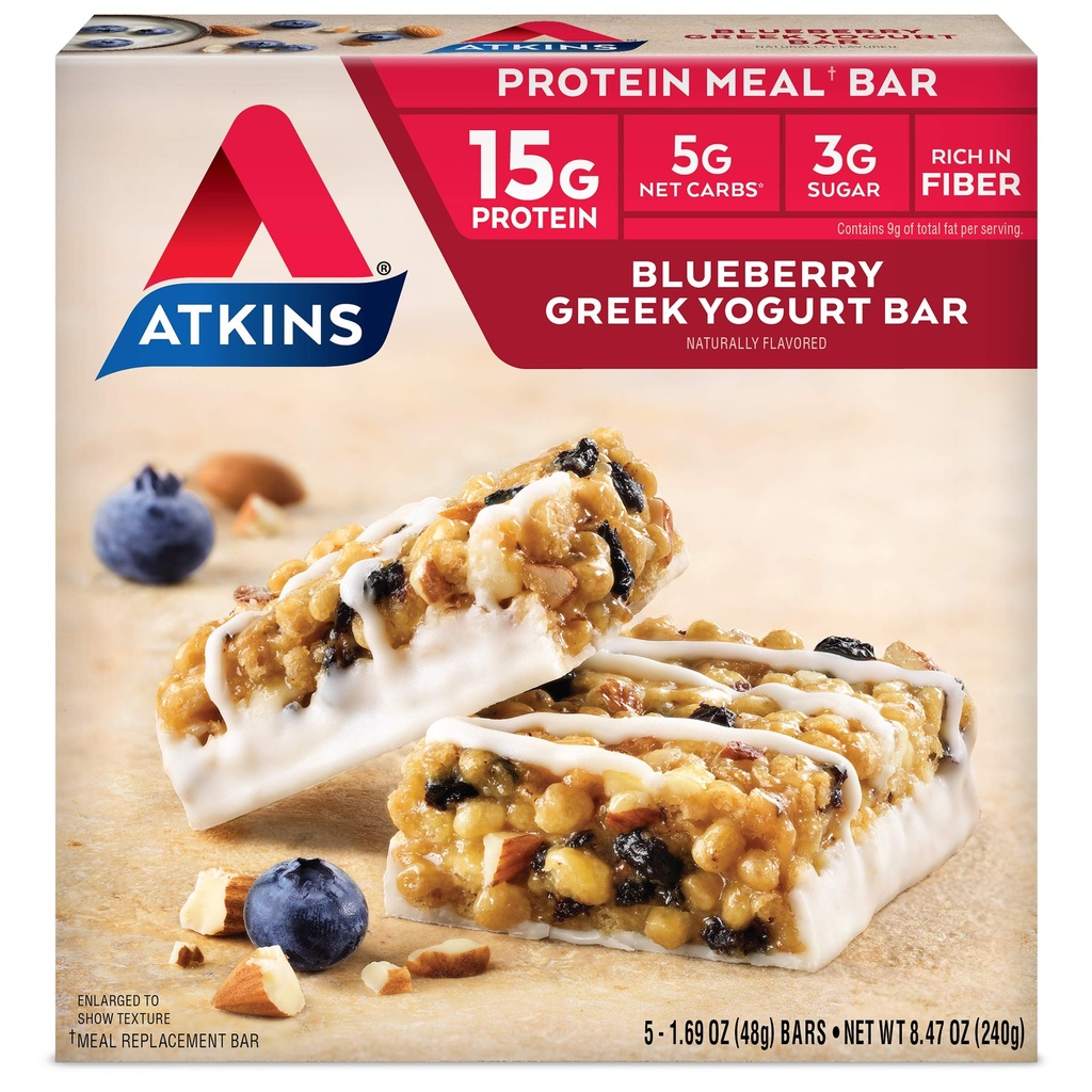 Atkins Blueberry Greek Jogurt Protein Meal Bar, High Fiber, 15g Protein, 3g Cukr, 5g Net Carbs, Náhrada jídla, Keto Friendly, 5 Počet