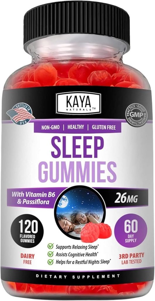 Kaya Naturals Sleep Gummies (26mg) - Zdravotní dodatek a pomoc při spánku pro dospělé - Vitamin B6 a melatonin Gummies - Gummy Vitamíny pro ženy a muže - 120 Počet