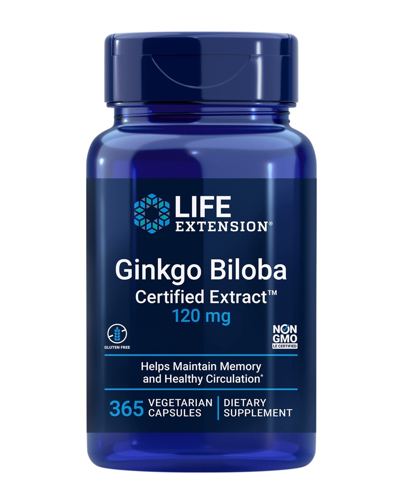 Life Extension Ginkgo Biloba Certified Extract ™, 120 mg, Napomáhá zachovat paměť a rozpoznávání, Gluten- Free, Non- GMO, Vegetarian, 365 Kapsle