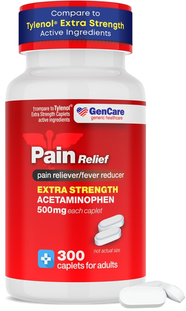 GenCare - Acetaminofen 500mg Extra Strength Pain Relief (300 Caplet) - Multisymptom Pain Reliever pro bolest hlavy, sinus, artritida, bolest zad Svalová Ache, Bolest zubů, Reducer horečky, Migréna