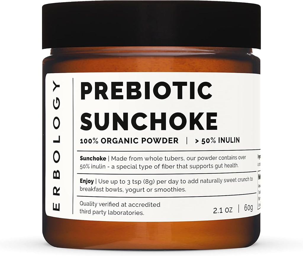 Erbology Organic Sunchow Powder 2.1 oz - 30 Servings - 50% Prebiotic Inulin Fiber - Podporuje Gut Zdraví a Promotes Diverse Microbiome - Feed Good Bakteria - Vegan - Gluten- Free - GMO-Free
