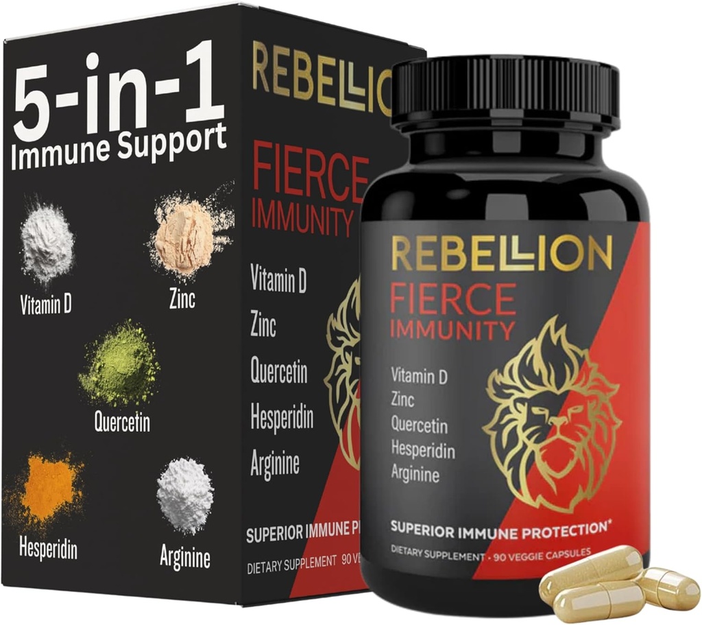 5-in-1 Fierce Imunity Supplement, Imunitní Supplement a Boostery pro dospělé, Vitamin C, Quercetin, Vitamin D, Zinek, L- Arginin, Hesperidin, Podpora imunity, 90 Kapsle (1 měsíc dodávky)