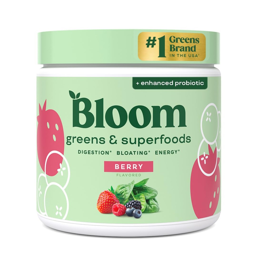 Bloom Nutrition Superfood Green Powder, trávicí enzymy s probiotika a prebiotika, Gut Health, Bloating Relief for Women, Chlorella, Green Juice Mix with Beet Root Powder, 30 SVG, Berry
