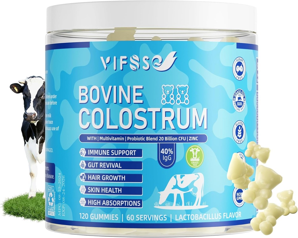 Grass Fed Colostrum dodatek 2000mg, 120 Gummies Cukr zdarma 40% IgG Bovine Colostrum Gummies + Probiotic, Multivitamin Etc pro imunitní podporu, Gut podpora, Vlasy a kůže