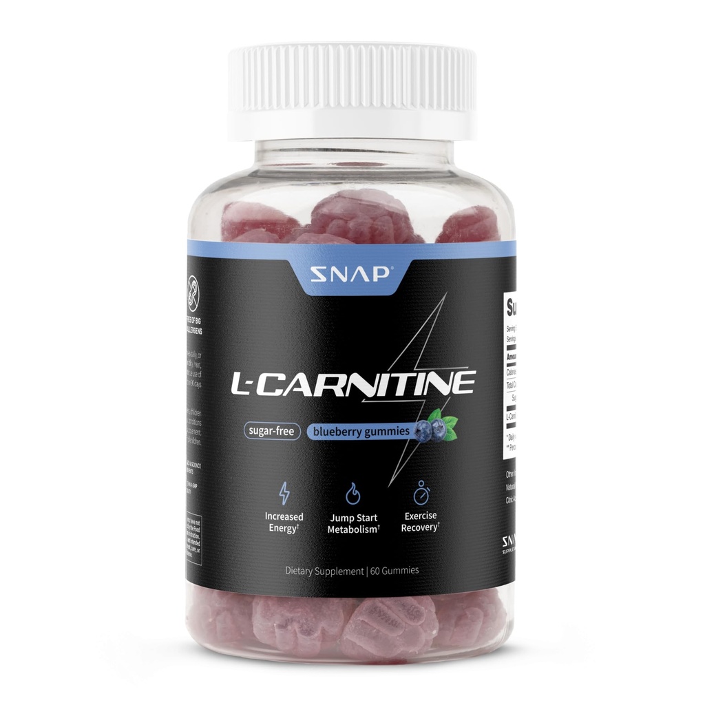 Snap Supplements L-Carnitine Tartrate Sugar Free Gummies 500mg, Amino Acid Supplement for Healthy Exercise Recovery, Metabolism, & Energy*, 60 Vegan Gummies, Blueberry (30 Day Supply)