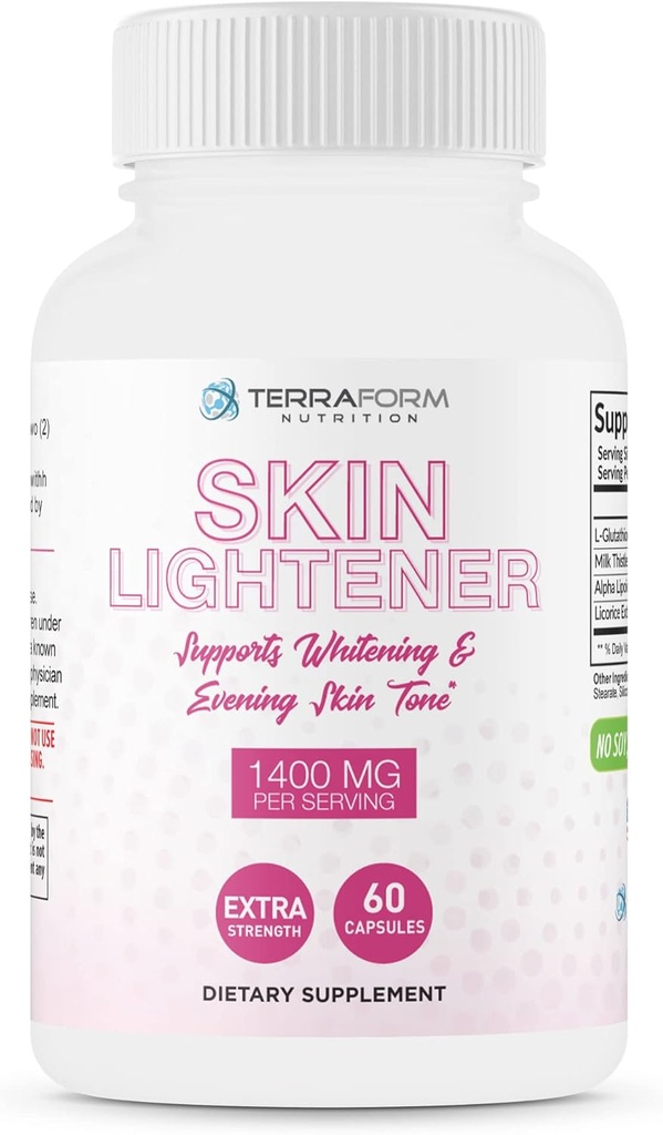 TerraForm Nutrition Skin Lighting Supplement, Glutathione 1000mg per Serving, Clears and Evens Skin Tones, Helps Clear Up Dark Spots and Acne Scars - 30 Servings