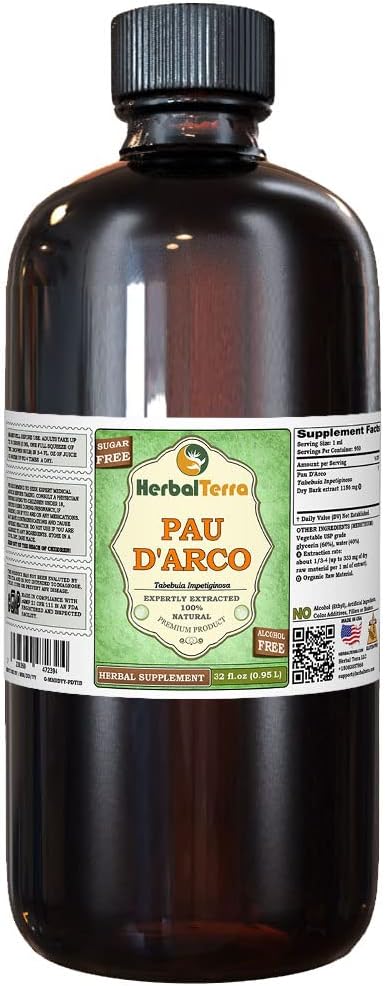 PAU d 'arco (Tabebuia Impetiginosa) Glycerit, sušený Bark Alcohol- Free Liquid Extract (Značka: HerbalTerra, Proroudly Made in USA) 32 fl.oz (0,95 l)