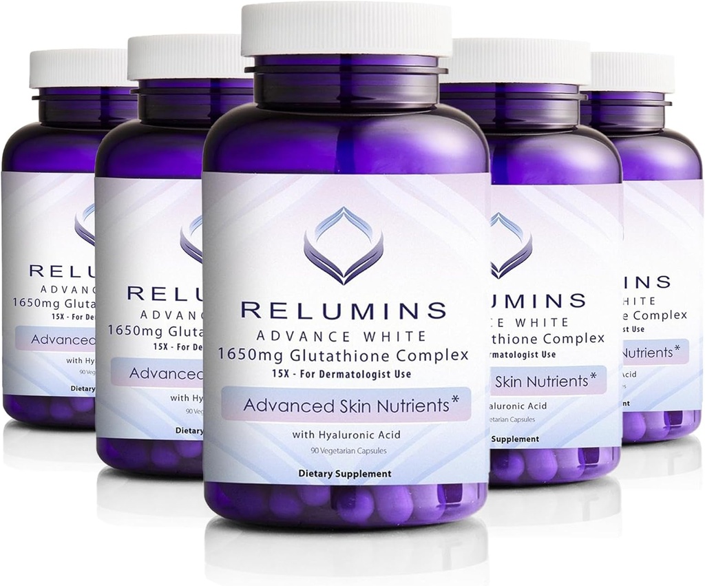 Relumins 1650mg L- glutathione Complex with Hyaluronic acid, Alpha Lipoic acid, Rose HIPS, Vitamin E & Riboflavin, Antioxidant Support, Skin Hydration & Wellness, Made in USA - 90 Kapsle x 5 Lahvičky
