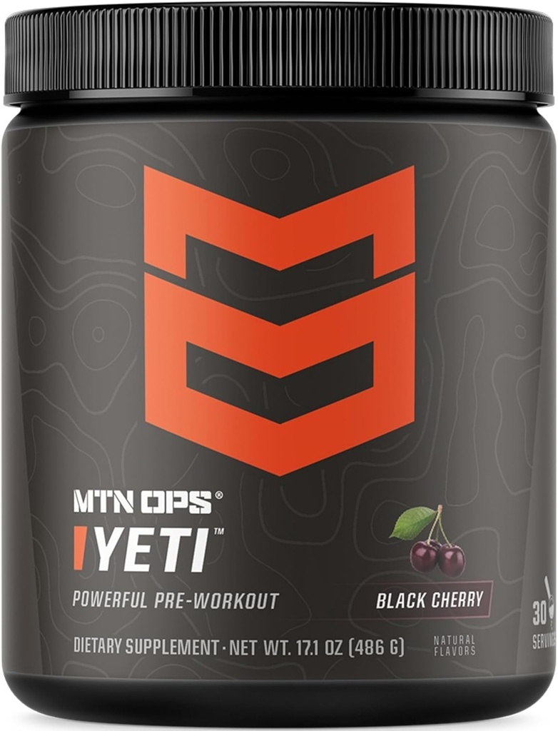 MTN OPS Yeti Pre- Workout Powder Energy Drink with Creatine, 200mg Caffeine & BCAA with Beta Alanine, 30- Serving Tub, Black Cherry
