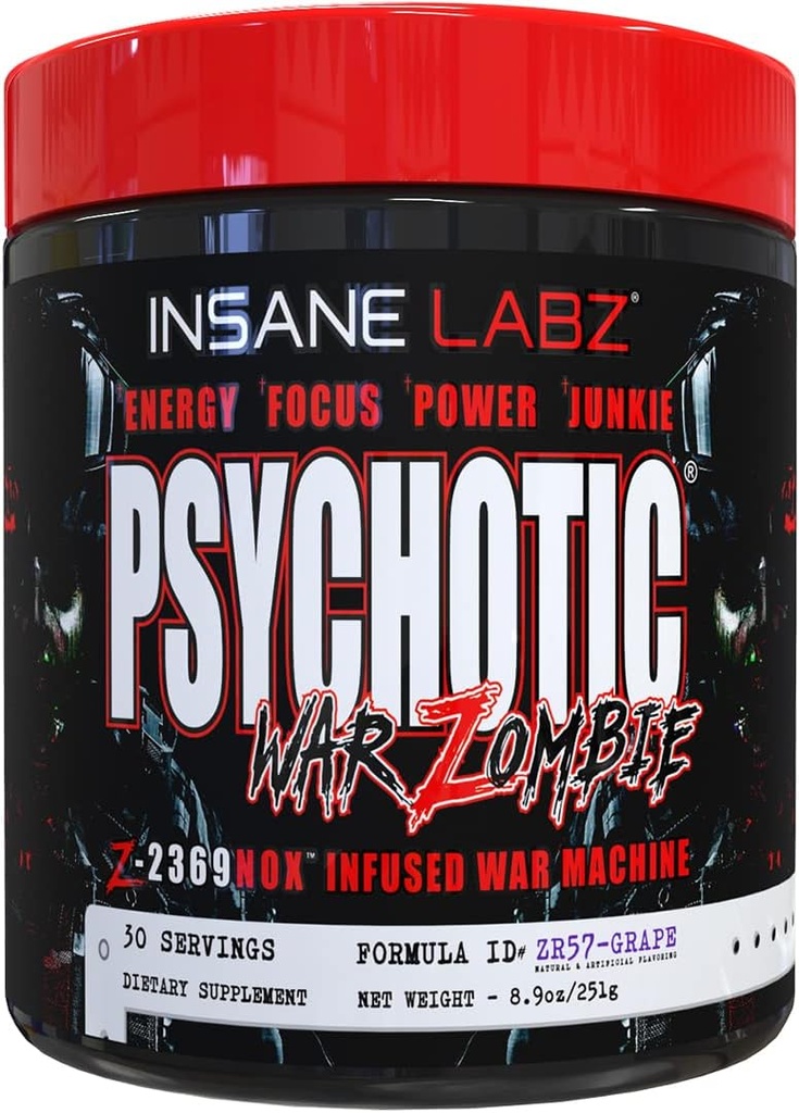 Šílený Labz Psychotická válka Zombie High Stimulant Pre Workout Powder, Extreme Lasting Energy, Focus and Pump with Beta Alanine, L- Arginin, 30 Služeb (Grape)