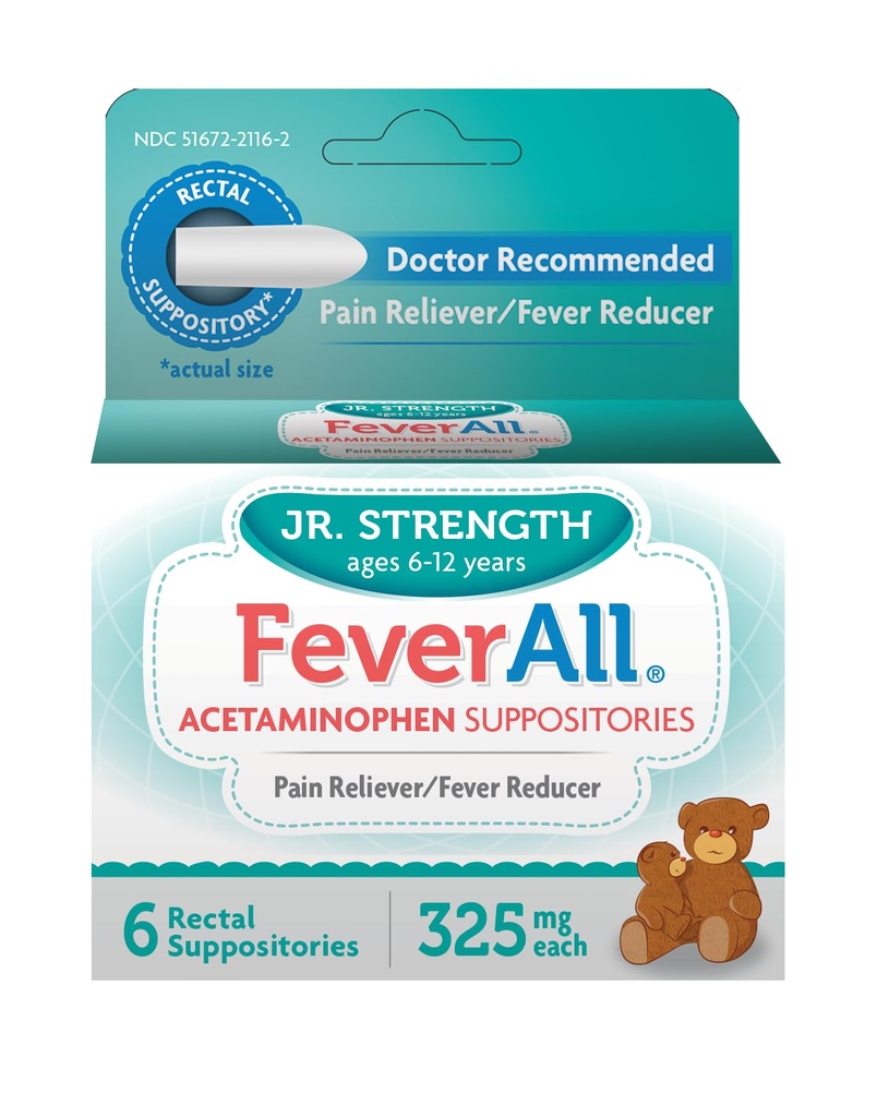 Feverall Children Acetaminophen Suppositors 6 Rectal Suppositors 325mg Each Pain Reliever / Fever Reducer. Paraben Free, No umělé barvy nebo jiné konzervanty. Věk 6- 12 let
