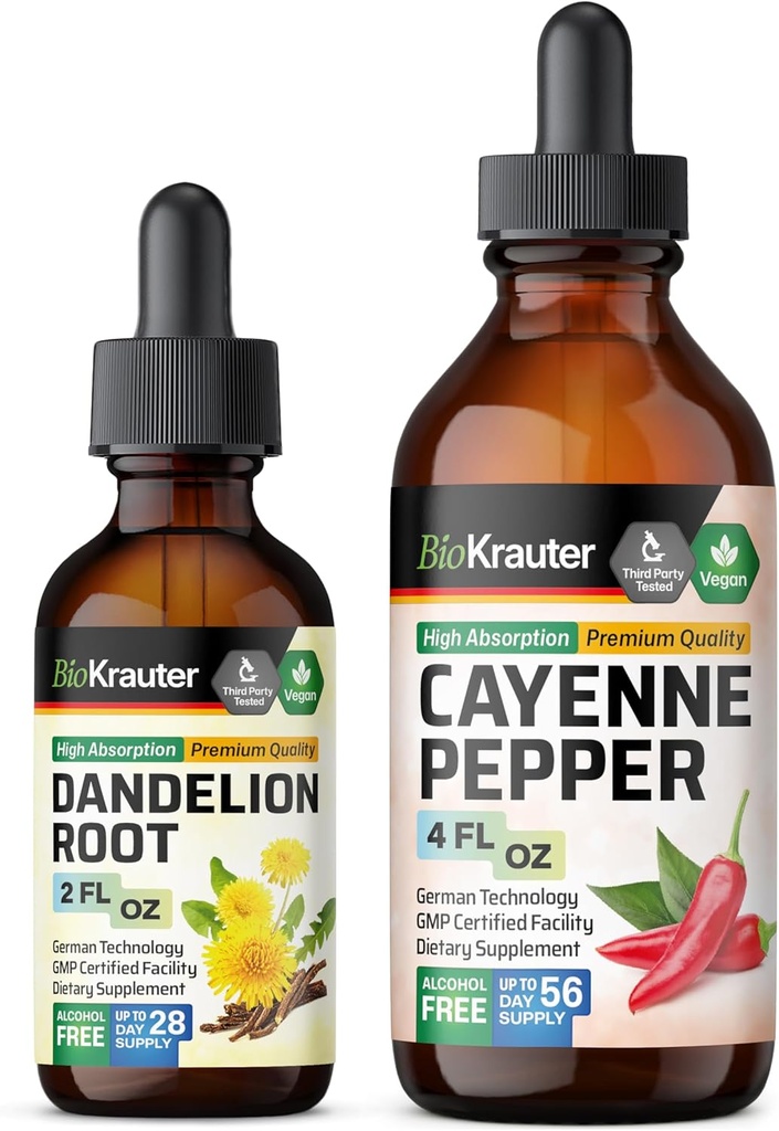 BIO KRAUTER Cayenne Pepper tinktura 4 Fl. Oz. & Pampeliška tinktura 2 Fl. Oz.
