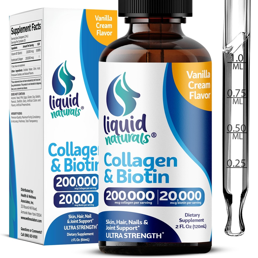 Tekutý kolagen a biotin, 2 Fl. Oz, Ultra- síla kolagen doplňky pro ženy, Third- Party Testováno Biotin pro růst vlasů ženy, nehty, a kůže vitaminy B7 Collageno Peptides - Vanilla Flavor
