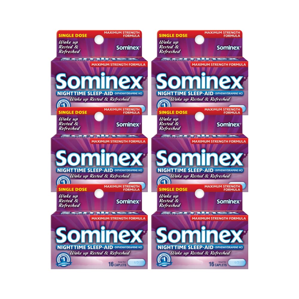 Sominex Nighttime Sleep- Aid Caplet, Maximální síla, 16 ea (balení po 6)