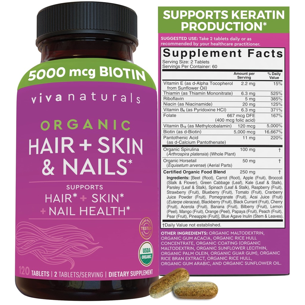 Biotin 5000 mcg Vlasové kožní hřebíky Vitamíny pro ženy - Organic and Vegetarian- Friendly Dodatek s vitamínem E, B- Vitamíny, Spirulina, Koňský ocas a Superfood Směs pomoci Produce Keratin - 120 Počet