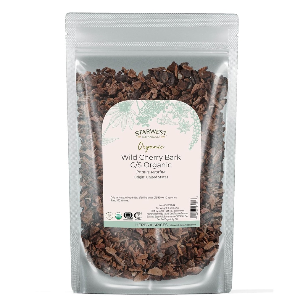 Starwest Botanicals Wild Cherry Bark Organic - Sušený Loose Leaf Herb for Tea, Sirup, & Natural Herbal Blends, Prunus Serotina, Cut & Sifted, Certified Kosher, Non- GMO - 4 oz Pouch