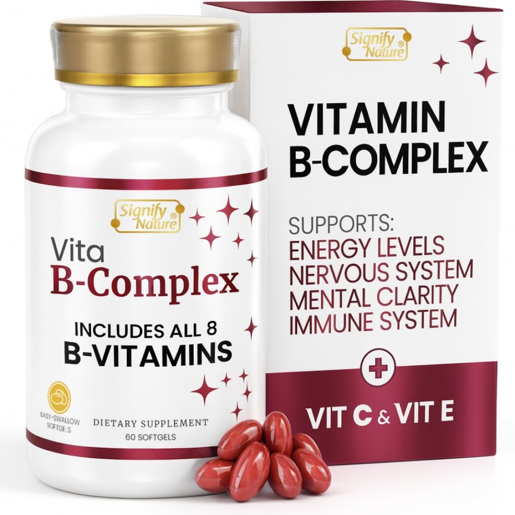 SIGNIFY NATURE vitaBComplex s vitaminem C a E, B Komplexní vitaminy pro ženy a muže, BComplex doplňky, VIT B1, B2, B3, B5, B6, B8, B9, B12, Super B Softgels - 60 CT
