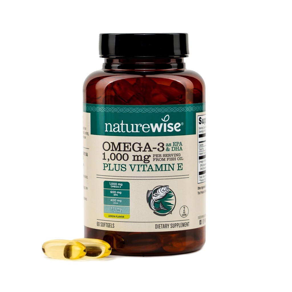 NatureWise Extra- Strength Omega 3 Fish Oil Supplement - 1000mg per Serving - 600 EPA & 400 DHA and Vitamin E - Podpora pro zdraví srdce a mozku - Lemon Flavor, GMO-Free - 60 Softgels [1-Month Supply]