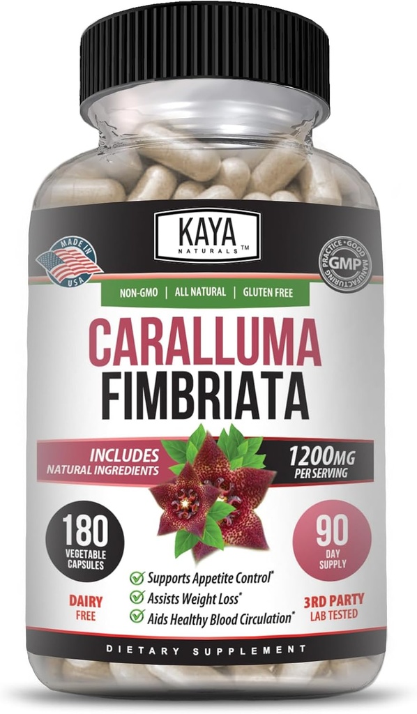 Kaya Naturals - Caralluma Fimbriata 1200mg Dodatek vysoké potence 124; Maximální síla přírodní vytrvalost podpora, Vegetariánské kapsle (180 Počet)