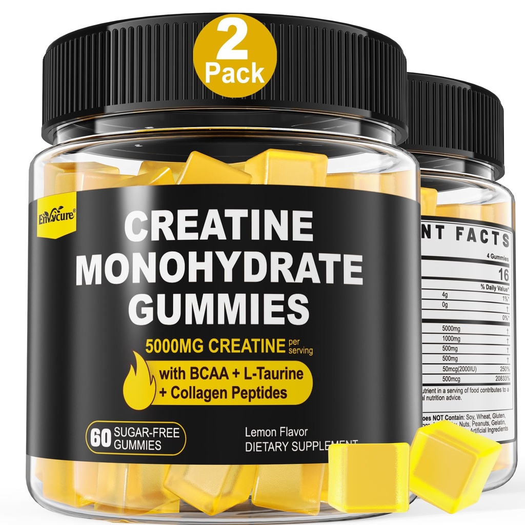 Kreatinové monohydrát Gummie pro muže a ženy - s BCAA, kolagen Peptidy, L- Taurin, Vitamin B12, D3, Žvýkací tvorové monohydrát 5g per Serving, přírodní citrónové aroma, bez cukru, 2 balení