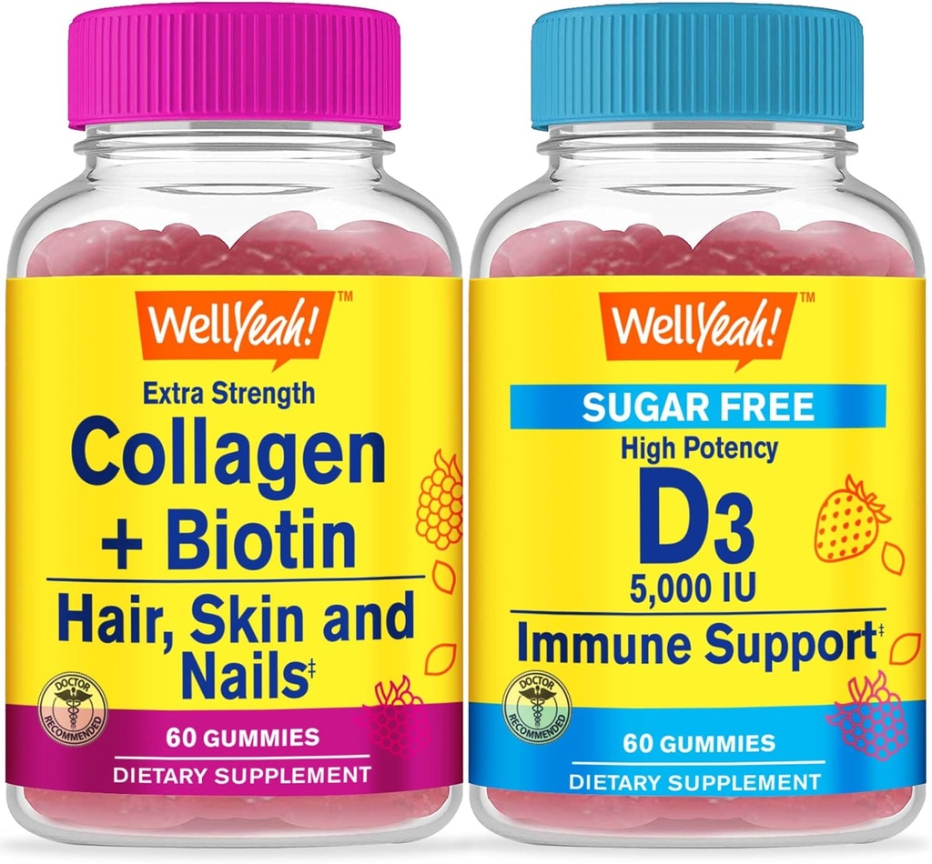 WellYeah Collagen + Biotin + Vitamin D3 5000 IU Cukr zdarma, Gummies Bundle - Great Ochutnávání, Vitamin dodatek, gluten zdarma, GMO zdarma, Žvýkací žlab