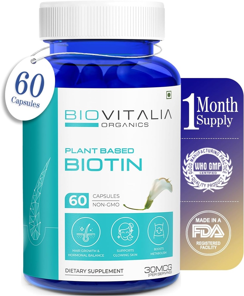 Plant based Pure Biotin Supplementary Capsules - Podpora silnějších nehtů a růst vlasů obohacené Sesbania Grandiflora slunečnicová semena Amla Beetroot & Spinach - 60 Veg Kapsle