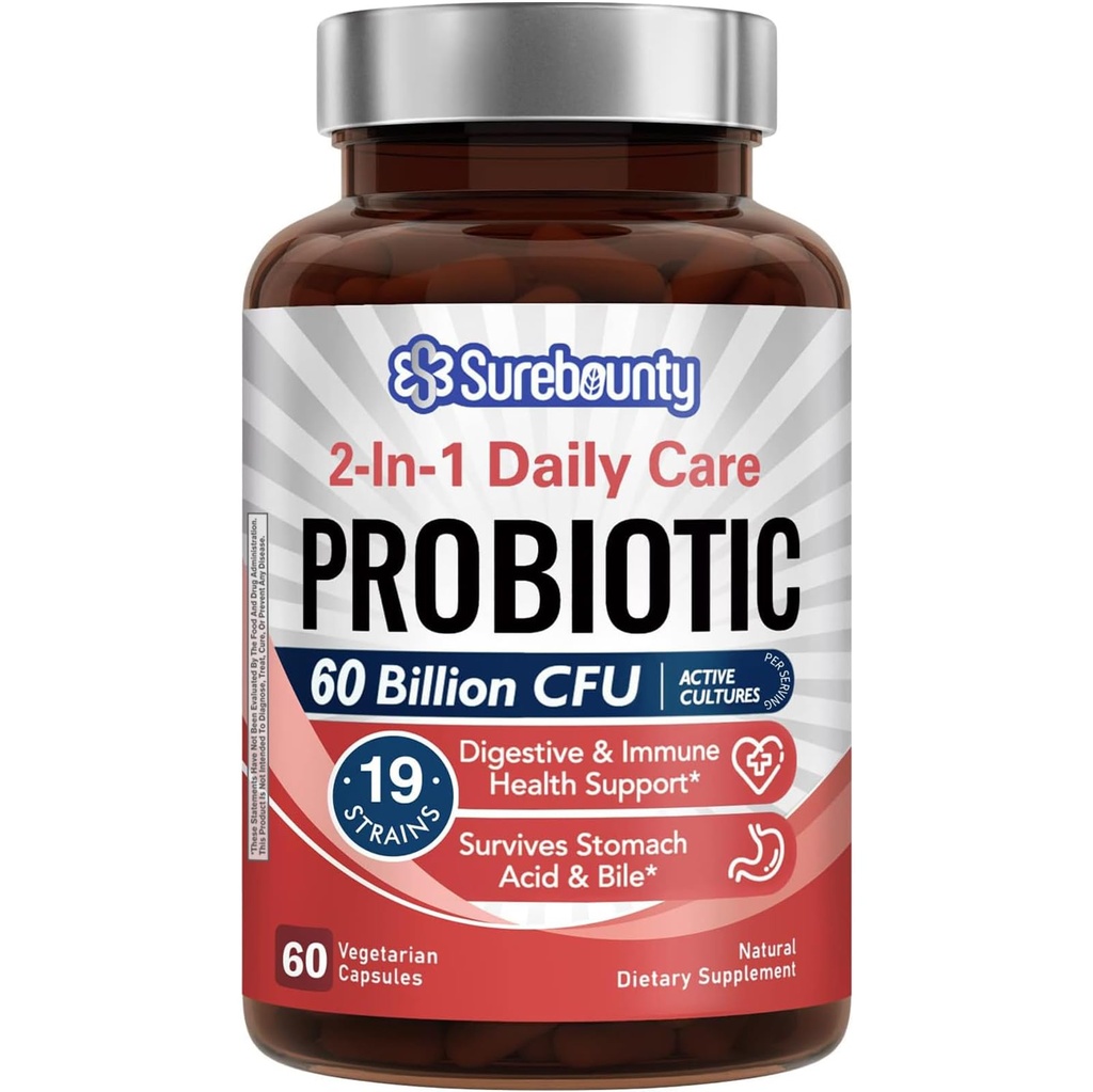 Probiotika 60 miliard CFU 19 Kroužek pro muže a ženy, se 100 mg Prebiotické, Stabilní, 2- in-1 Denní péče Probiotické, Non- GMO, Digestivní a imunitní zdraví, 60 Veggie Kapsle